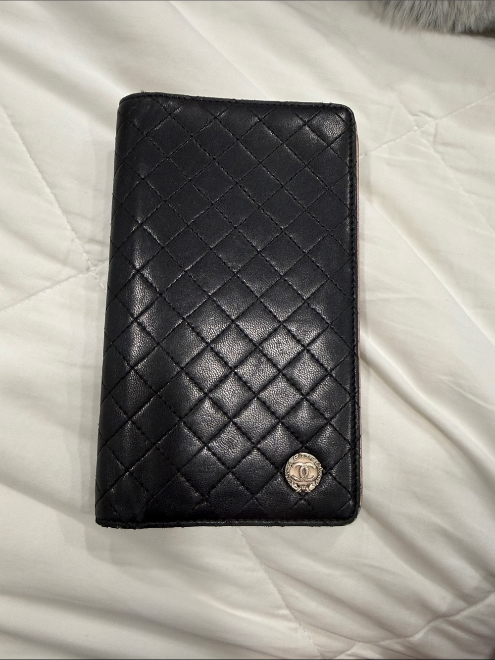 CHANEL Black Quilted Leather Long Wallet with Gold CC Emblem